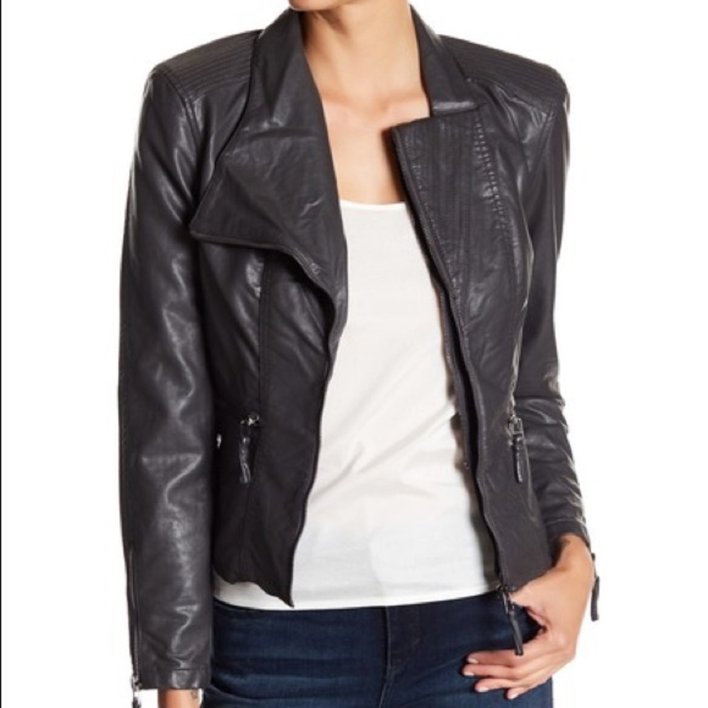 BlankNYC Denim Faux Leather Fitted Moto Jacket